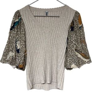 Bl^nk Anthropologie radiant ribbed sequins feather puff sleeve v-neck sweater